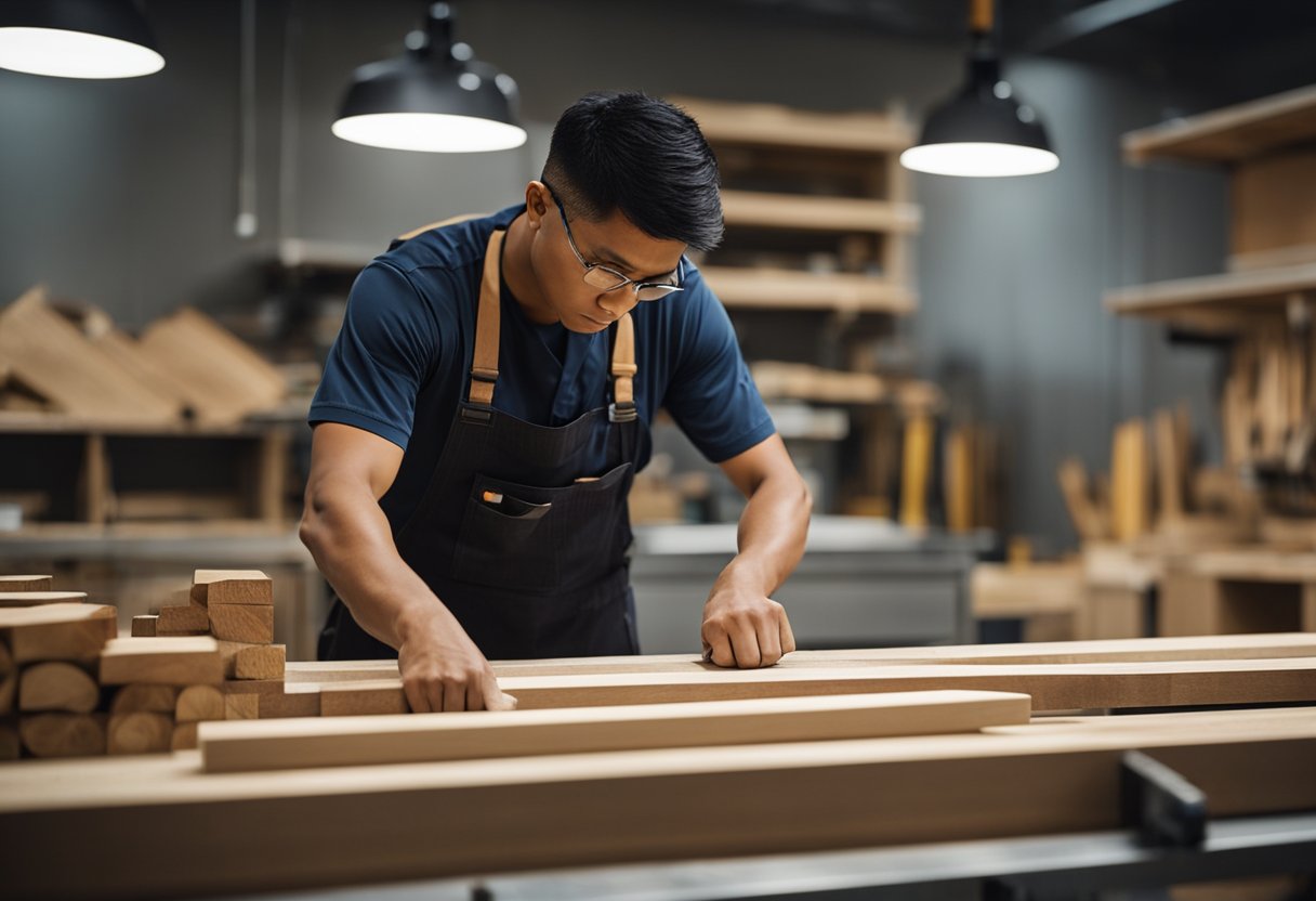 A carpenter carefully measures and cuts wood for a sleek, modern kitchen cabinet in a Singapore workshop. Saws and chisels sit on the workbench, surrounded by neatly stacked lumber and tools