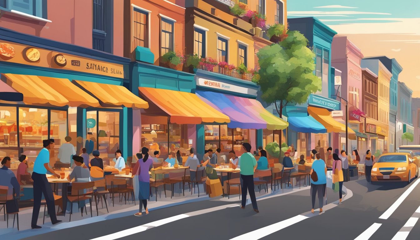 A bustling street lined with colorful, bustling restaurants with vibrant signage and bustling outdoor seating. The aroma of diverse cuisines fills the air