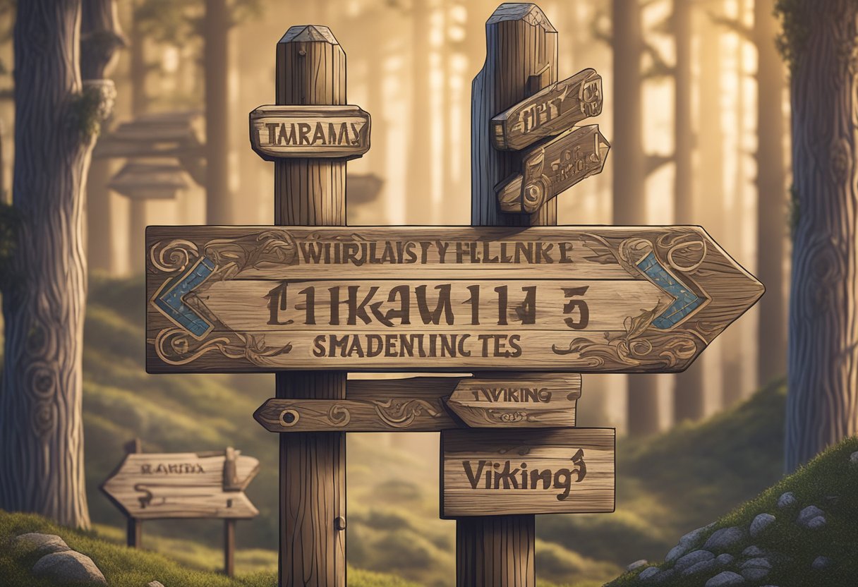Viking-themed baby names displayed on a rustic wooden signpost