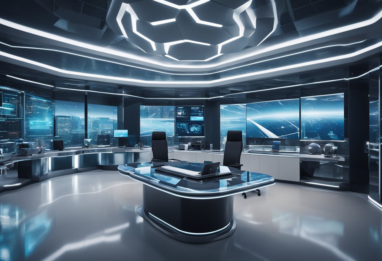 The futuristic office interior features sleek, metallic furniture, floor-to-ceiling windows, and holographic displays. A central command station controls the room's lighting and temperature