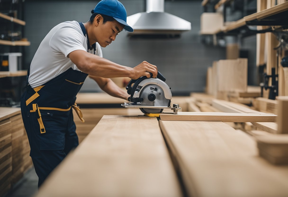 A skilled carpenter in Singapore carefully measures and cuts wood to create custom kitchen cabinets for a dream kitchen design