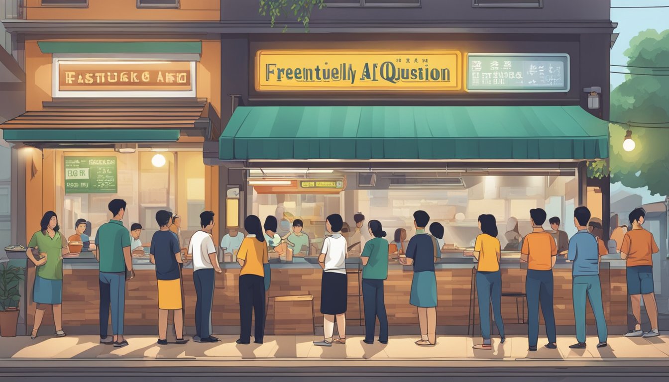 Customers lining up outside a bustling restaurant in Geylang. A sign reads "Frequently Asked Questions" in bold letters. Steam rises from the kitchen