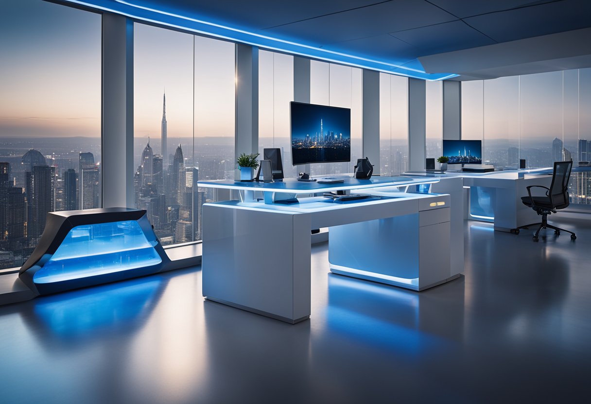 The futuristic office features sleek, metallic furniture, holographic displays, and large windows overlooking a city skyline. Blue and white LED lighting adds a futuristic touch to the minimalist design