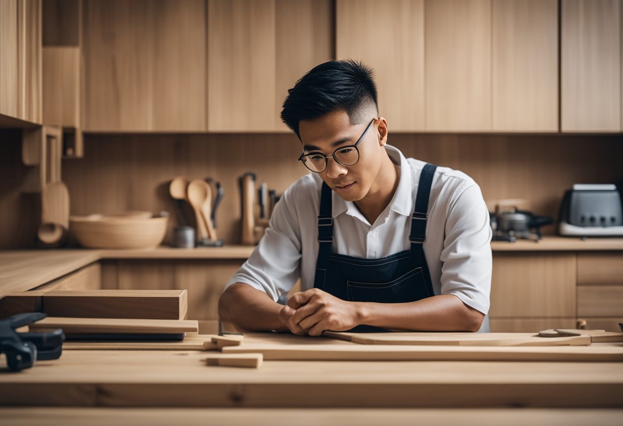 A carpenter in a Singapore kitchen, surrounded by cabinets, tools, and wood, answering frequently asked questions