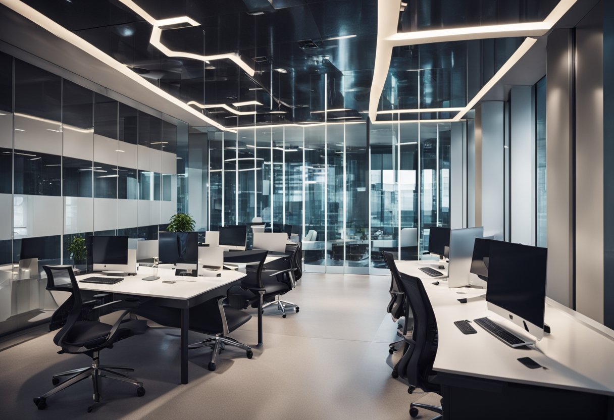 The futuristic office interior features sleek metallic surfaces, bold geometric shapes, and innovative lighting fixtures. Glass partitions and high-tech equipment add to the modern aesthetic