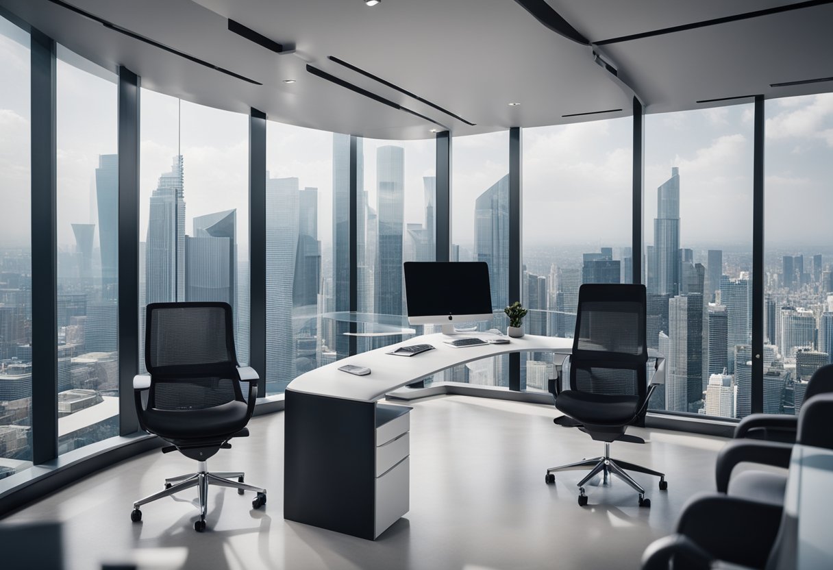 A sleek, futuristic office interior with minimalist furniture, high-tech gadgets, and a panoramic view of the city skyline