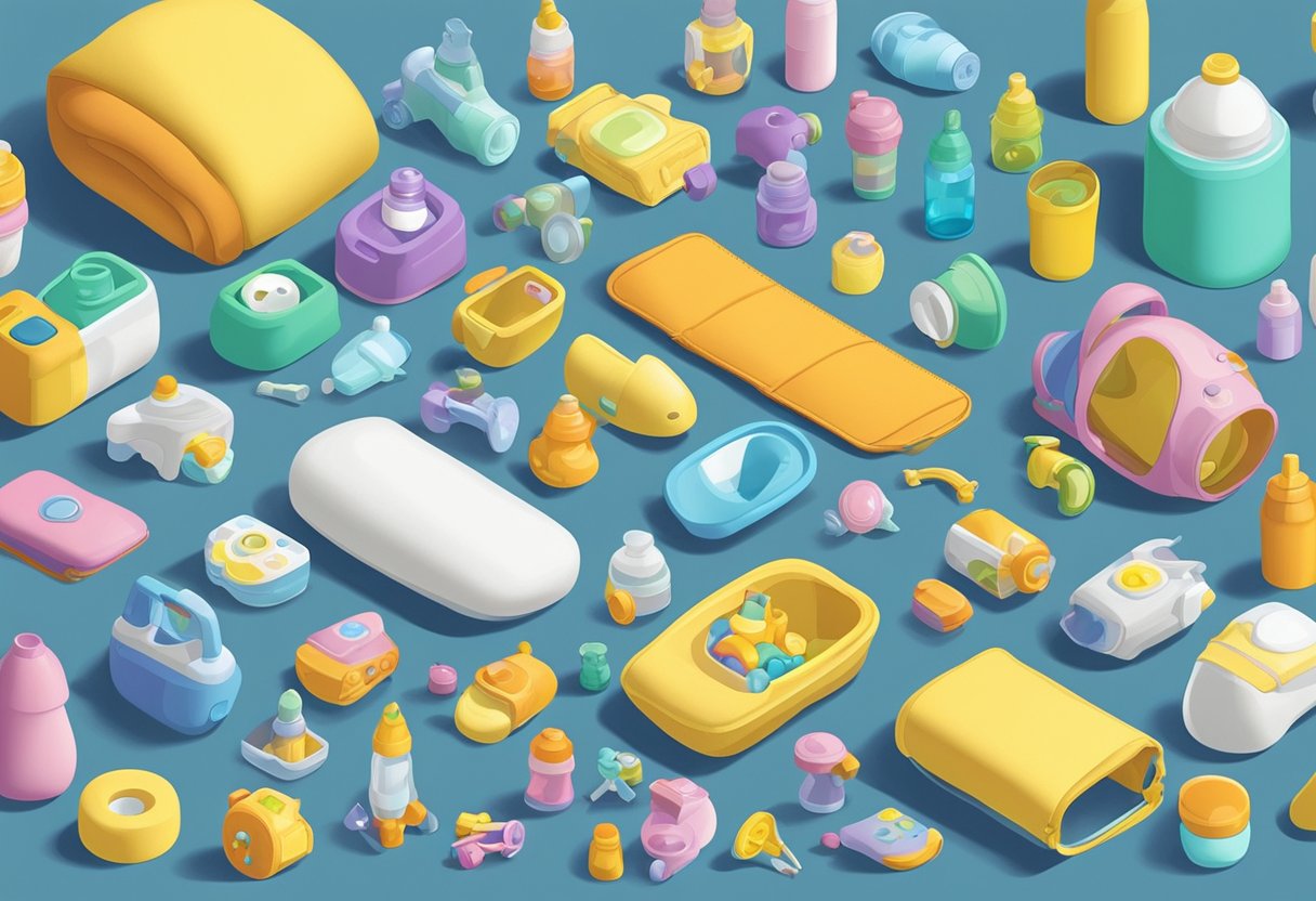 A colorful array of baby-related items, such as toys, diapers, and baby bottles, arranged neatly on a table with a camera and tripod in the background