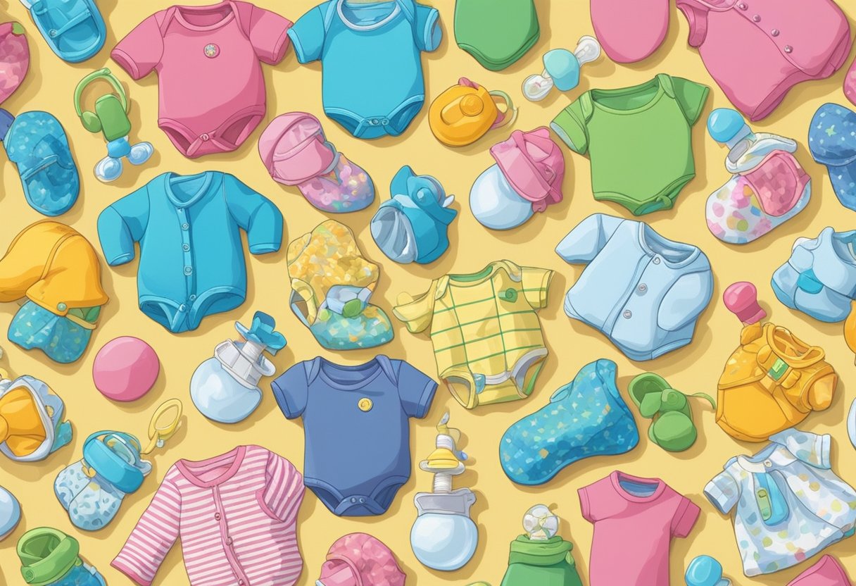 A colorful array of baby items, including rattles, pacifiers, and onesies, are arranged on a table with a bright backdrop