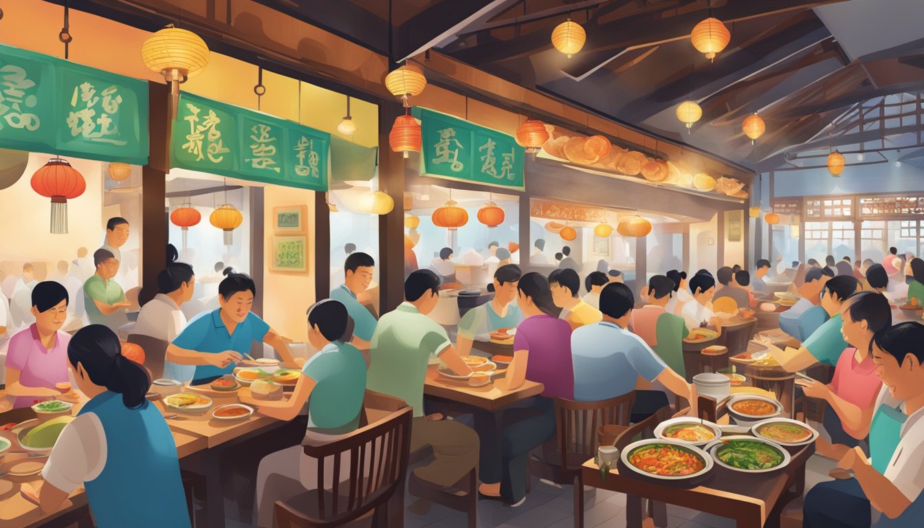 A bustling Hakka restaurant in Singapore, filled with steaming pots, sizzling woks, and colorful plates of traditional dishes