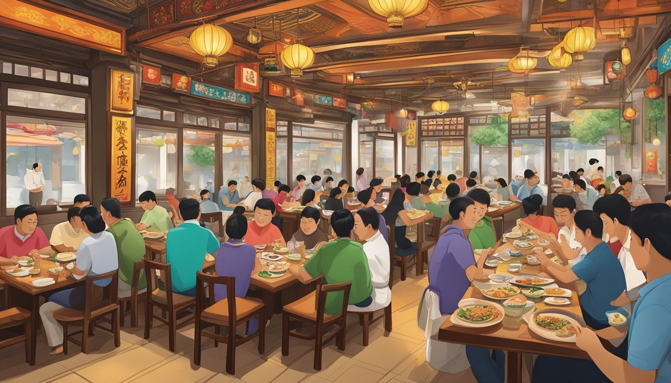 A bustling Hakka restaurant in Singapore, filled with the aromas of savory dishes and the clinking of chopsticks. Traditional decorations adorn the walls, while diners savor the unique flavors of Hakka cuisine