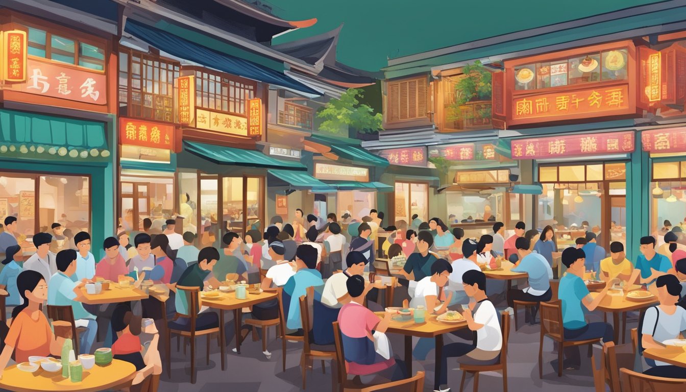 A bustling Hakka restaurant in Singapore, filled with vibrant colors and aromas of sizzling stir-fries and steaming dumplings. Tables are crowded with diners eagerly sampling a variety of traditional dishes