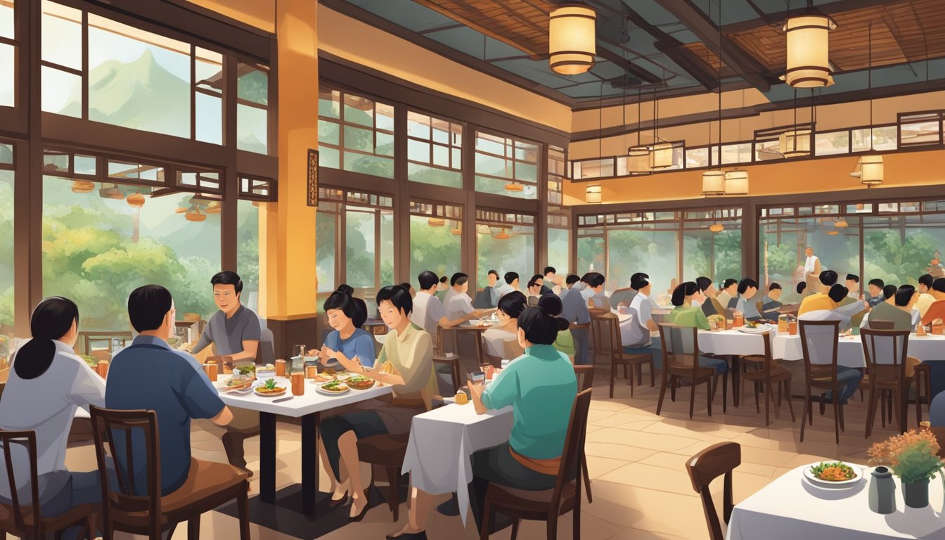 A bustling restaurant with a modern interior, filled with diners enjoying traditional Hakka cuisine. The aroma of sizzling dishes fills the air as waiters bustle about, attending to the needs of the patrons