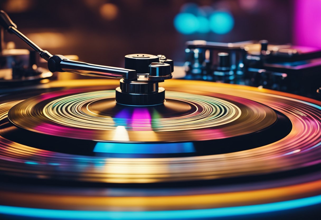 A vinyl record spinning on a turntable, with vibrant colors and intricate patterns reflecting off its surface