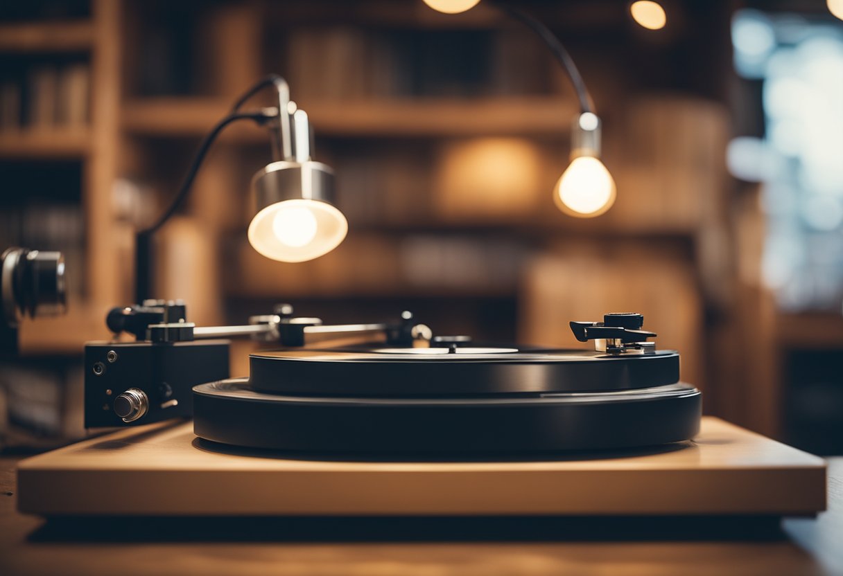 A vintage record player spins while a stack of Carpenters' vinyls sits nearby, surrounded by soft, warm lighting and a cozy, inviting atmosphere