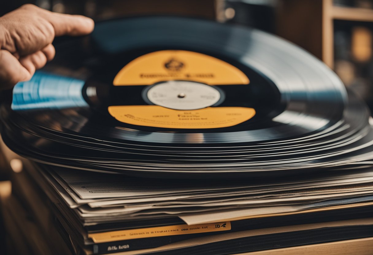 A hand reaches for a stack of Carpenters vinyl records, showcasing "The Best of The Carpenters." The records are neatly arranged on a shelf, with the iconic logo and artwork visible