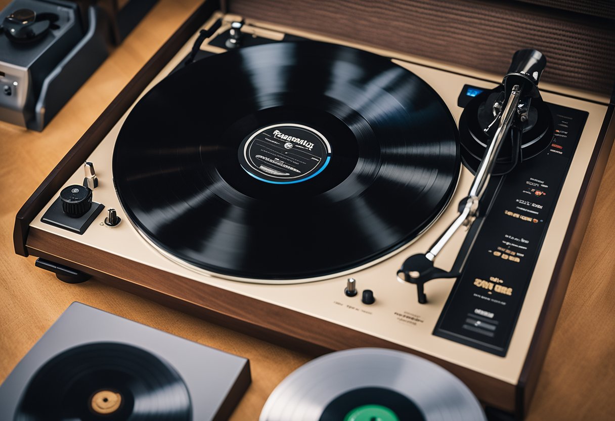 A vinyl record with "Frequently Asked Questions: The Best of the Carpenters" album cover displayed on a turntable, surrounded by vintage audio equipment and musical decor