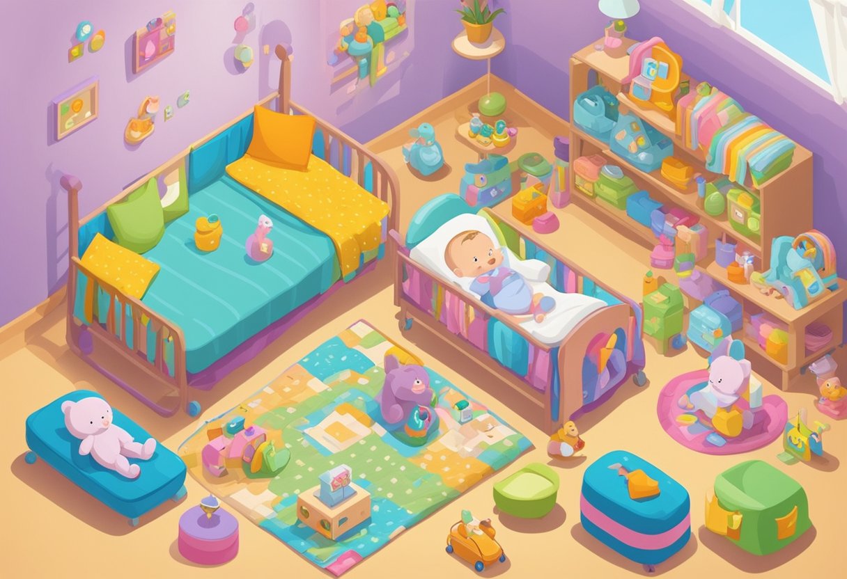 A colorful array of baby items, surrounded by soft blankets and toys, with names ending in vowels displayed on a sign