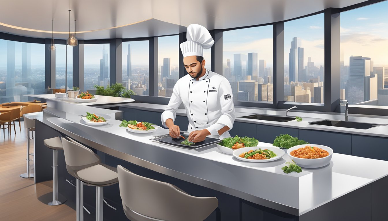 A chef prepares a gourmet dish in a sleek, modern kitchen with panoramic city views at Ion Sky restaurant