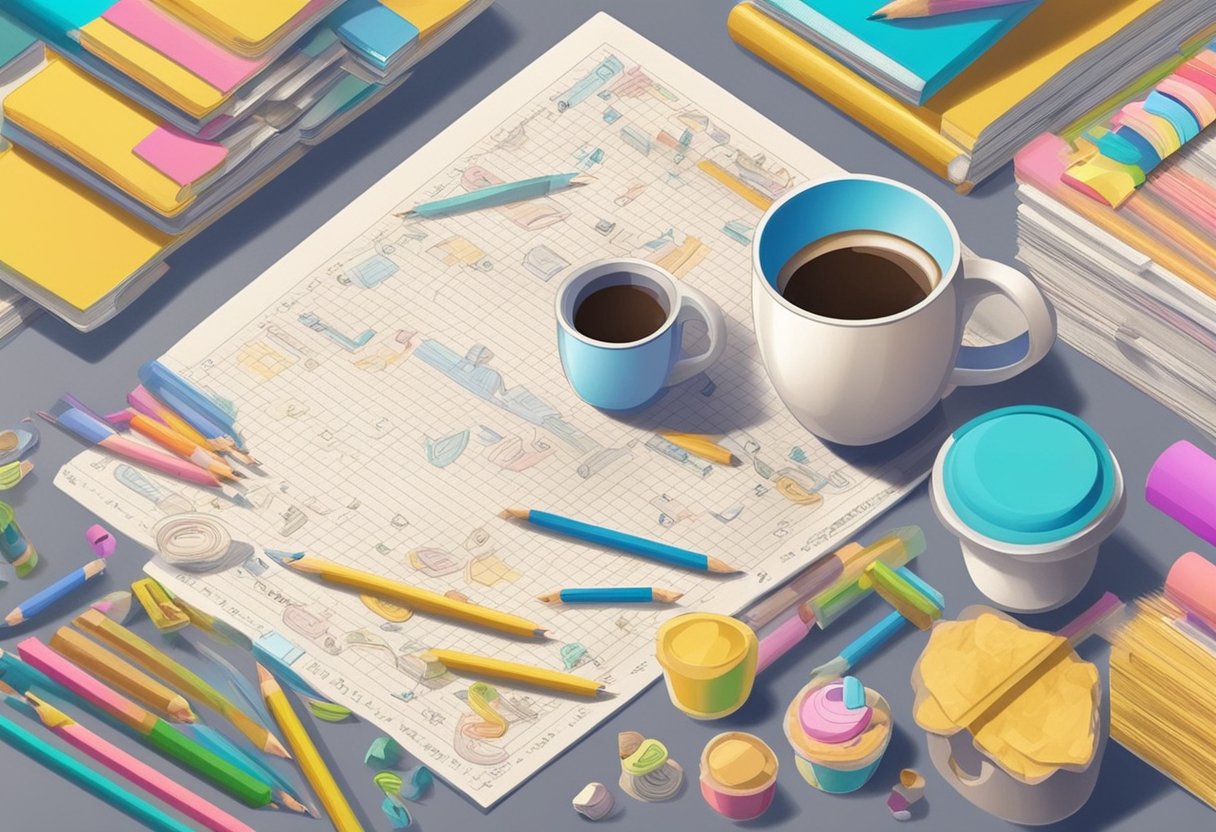 A colorful brainstorming session with a list of baby girl names ending in a vowel, surrounded by pencils, paper, and a cup of coffee