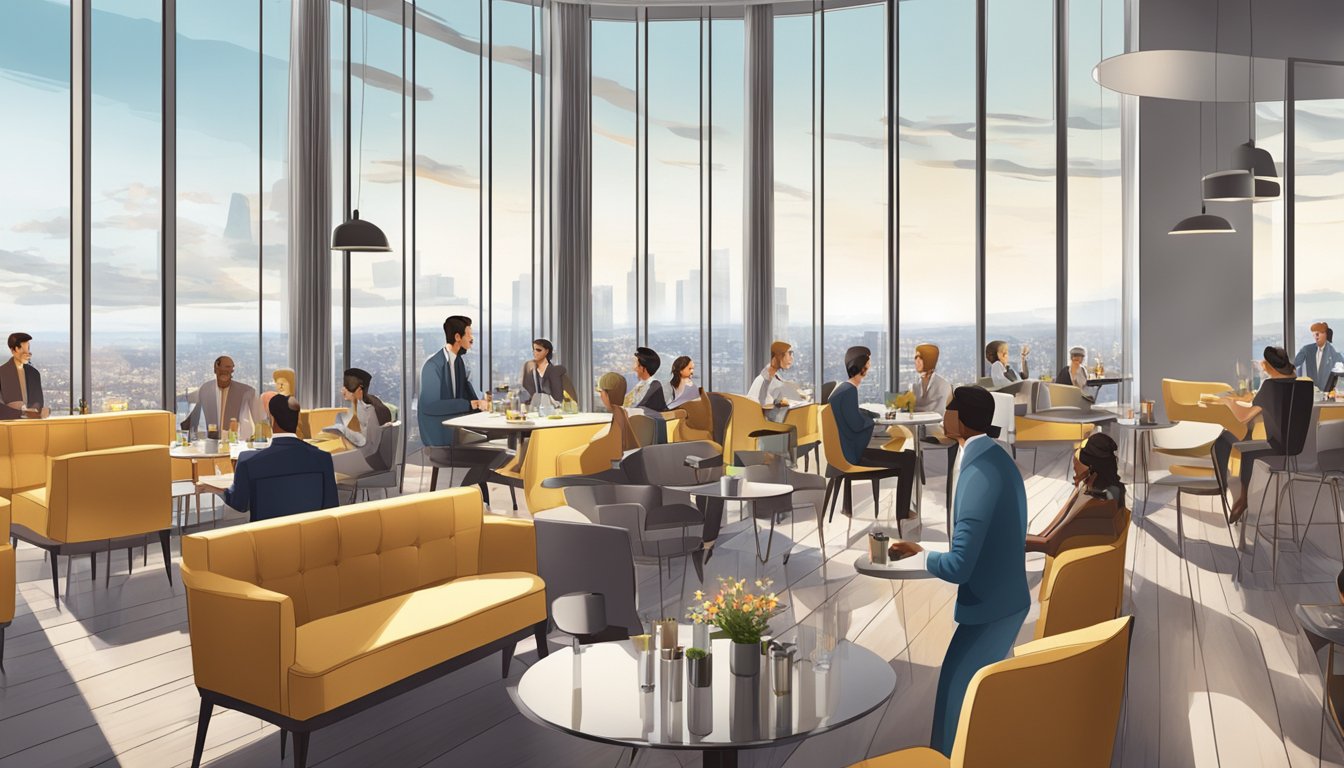 Customers enjoying panoramic views from a high-rise restaurant with modern decor and stylish furniture