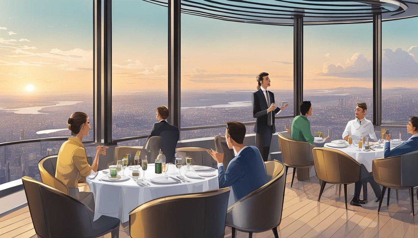Diners enjoy panoramic views at the sky restaurant. A waiter serves a table while others chat and admire the cityscape