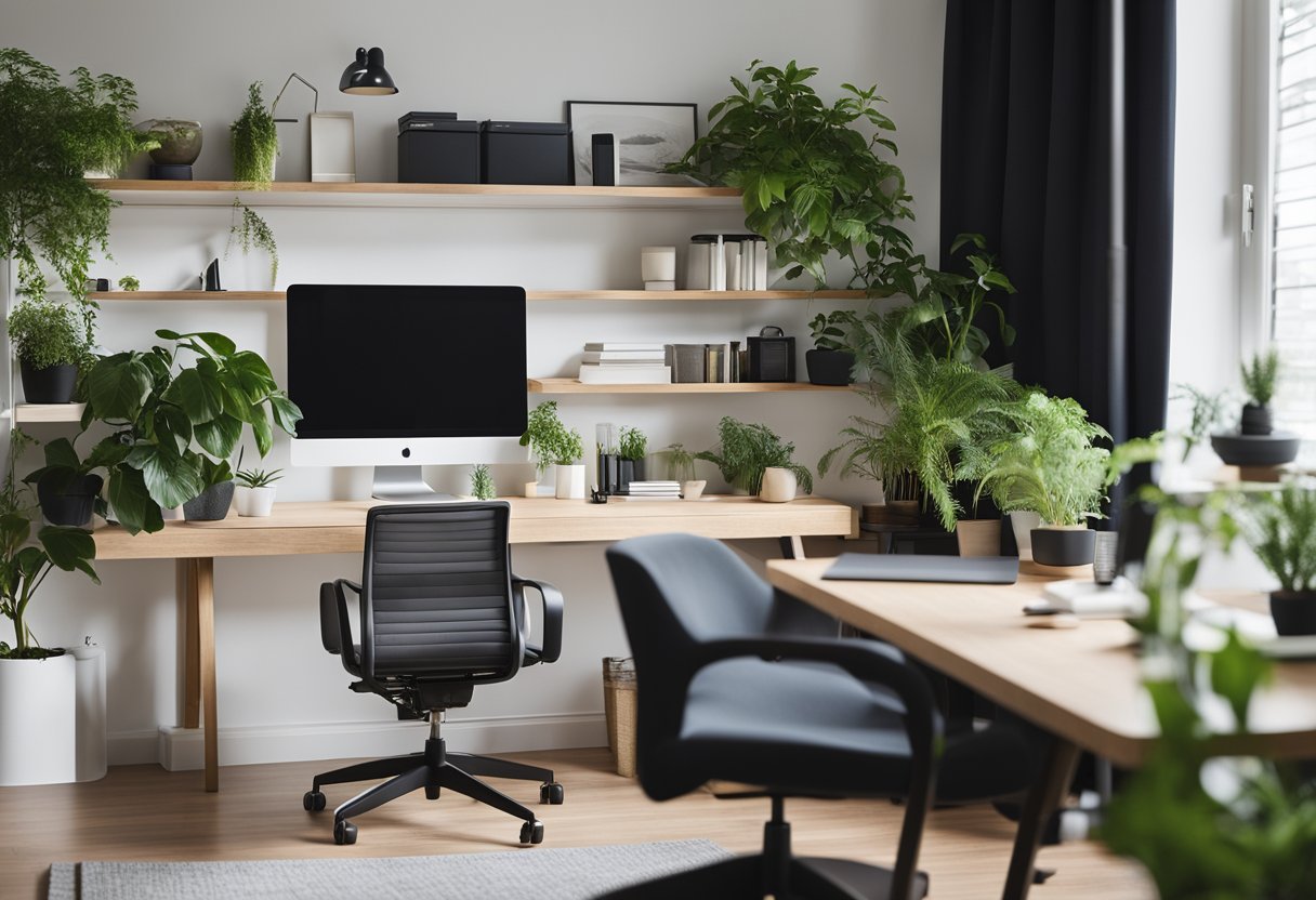 A modern desk with a sleek computer, ergonomic chair, and organized shelves in a bright, minimalist home office with natural light and green plants