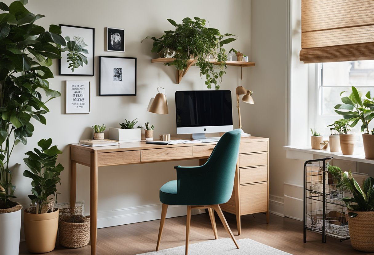 A bright, organized home office with a sleek desk, ergonomic chair, and plenty of storage. Natural light floods the room, with plants and motivational artwork adding a touch of creativity