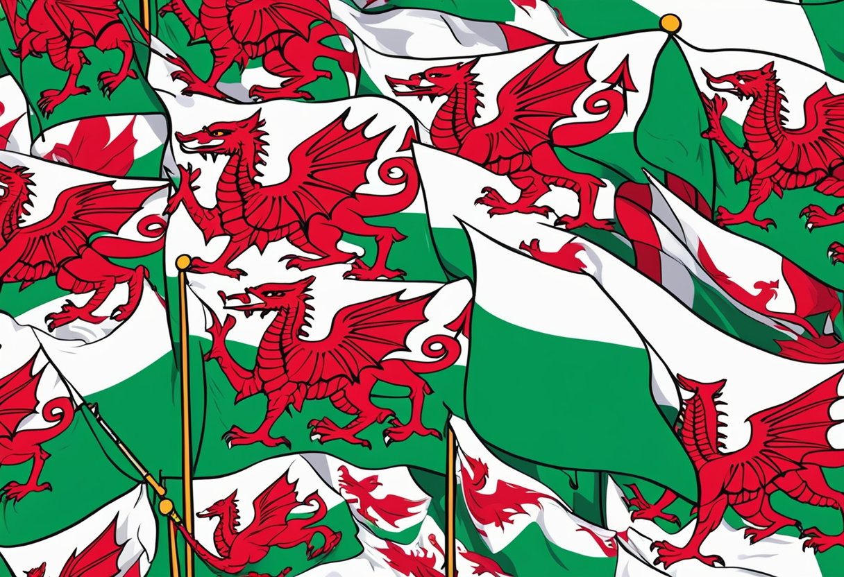 Colorful Welsh flags fluttering in the breeze, surrounded by a variety of baby items like rattles, blankets, and toys