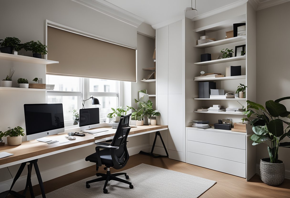 A spacious home office with ergonomic furniture and efficient storage solutions. Natural lighting and a minimalist color palette create a calm and productive atmosphere