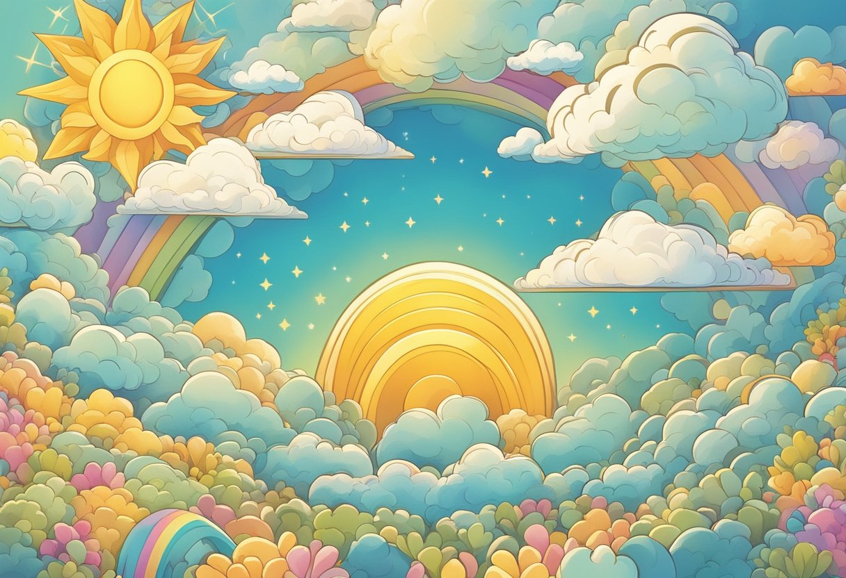 Bright sun shines on a colorful array of baby names, surrounded by fluffy clouds and a gentle breeze