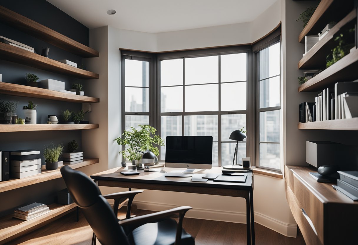 A cozy home office with a sleek desk, ergonomic chair, organized shelves, and a large window providing natural light. A laptop, notebook, and pen are neatly placed on the desk