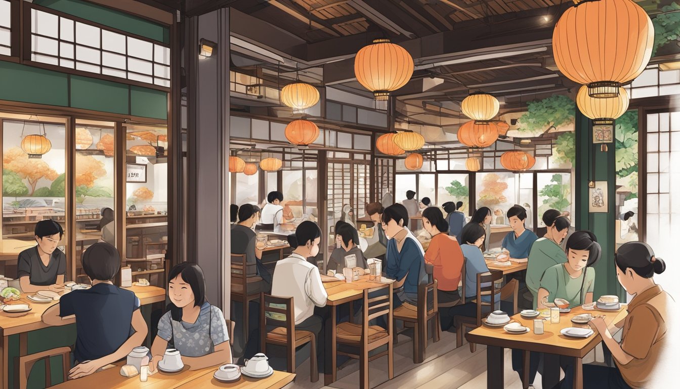 A bustling Japanese restaurant in Bugis, with traditional decor, paper lanterns, and a sushi bar. Customers enjoy their meals at low tables
