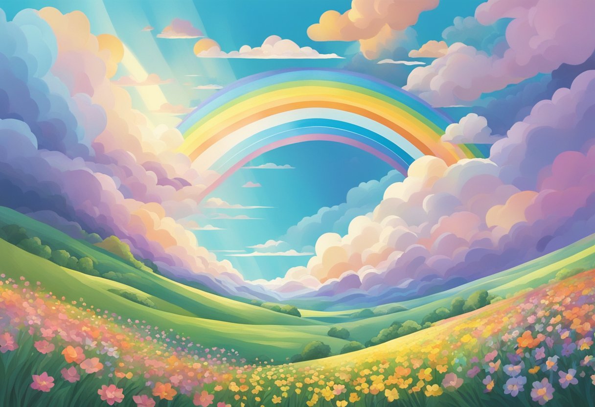 A colorful sky with swirling clouds and a rainbow, as a gentle breeze blows through a field of blooming flowers