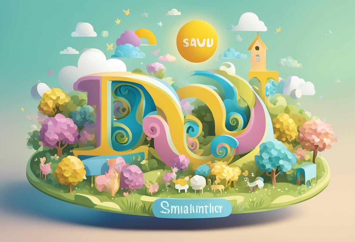 A colorful array of baby names swirls around a sunny weather icon, creating a whimsical and playful scene for an illustrator to recreate