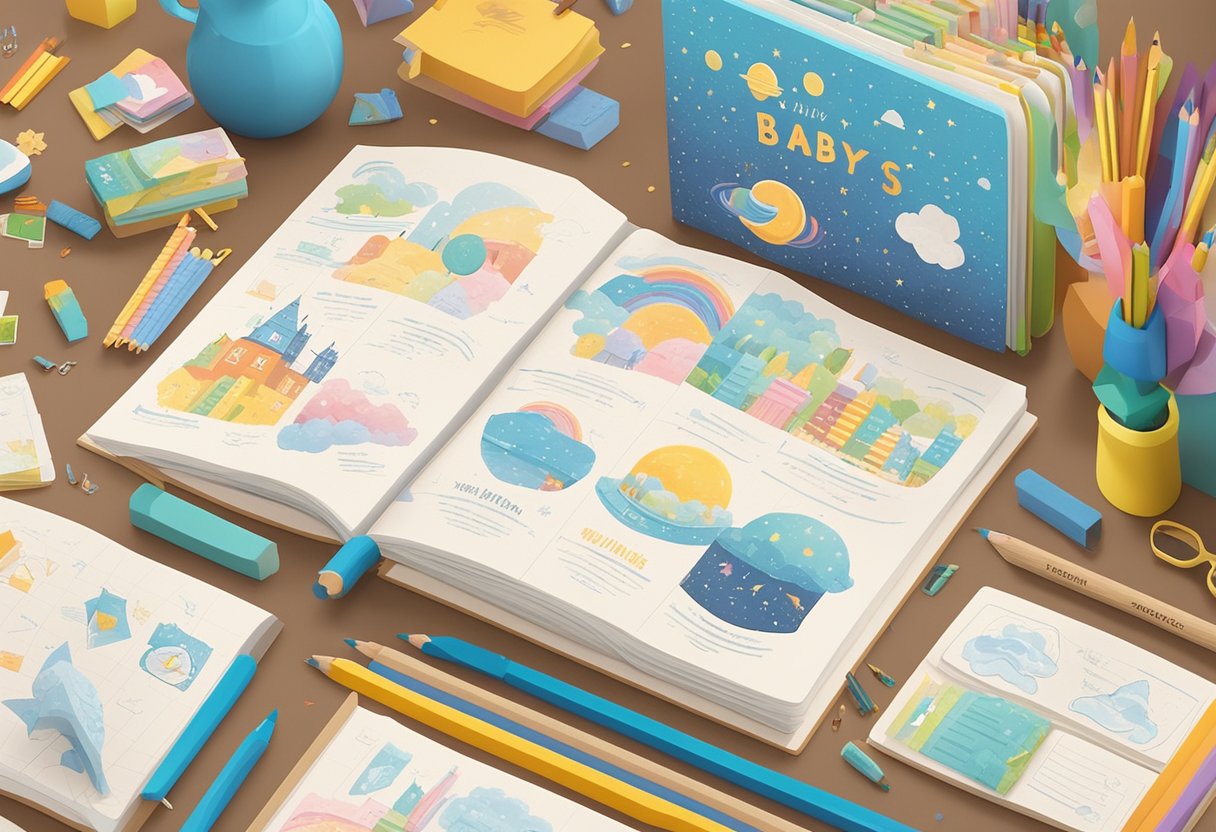 A colorful array of baby name books and weather-themed inspiration boards scattered across a cozy workspace, with pencils and notepads ready for brainstorming