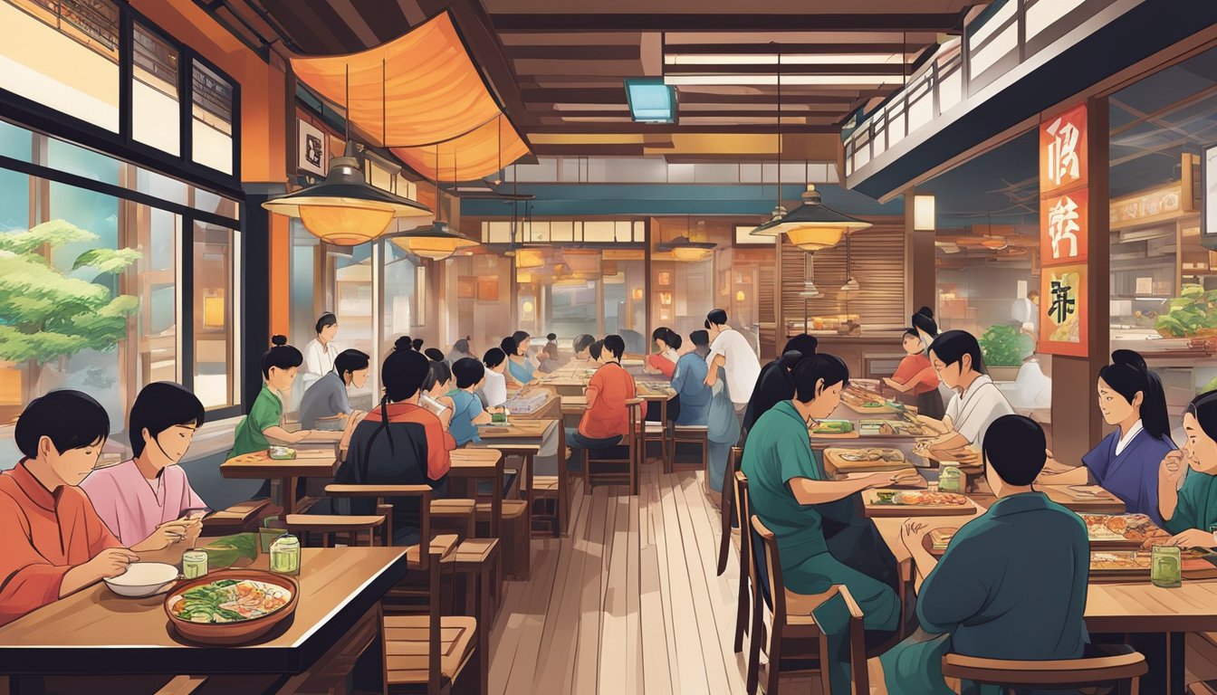A bustling Japanese restaurant in Bugis, filled with the aroma of sizzling meats and the sound of sizzling teppanyaki grills. Customers enjoy the vibrant atmosphere, with colorful sushi rolls and steaming bowls of ramen being served