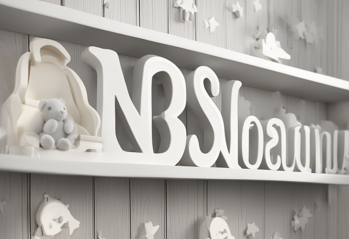 A white baby name plaque sits on a shelf