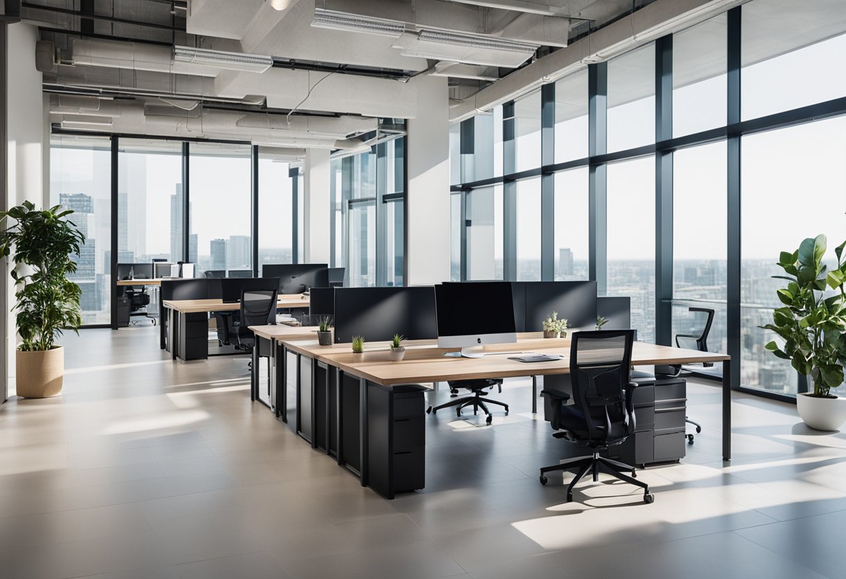 The modern office interior features sleek furniture, vibrant accent colors, and large windows allowing natural light to fill the space