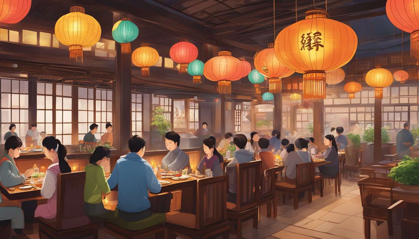 The bustling Jiahe restaurant, filled with colorful lanterns and steaming dishes, exudes a warm and inviting atmosphere. The aroma of sizzling stir-fry and the sound of clinking chopsticks create a lively and vibrant scene