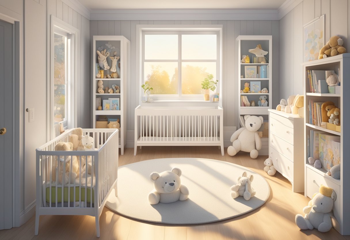 A white nursery with soft toys and blankets. A bookshelf filled with baby name books. Sunlight streams in through the window