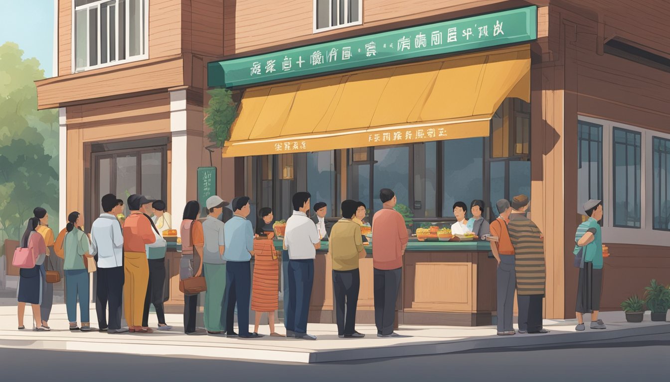 Customers lining up outside Jiahe restaurant, with a sign displaying "Frequently Asked Questions" prominently