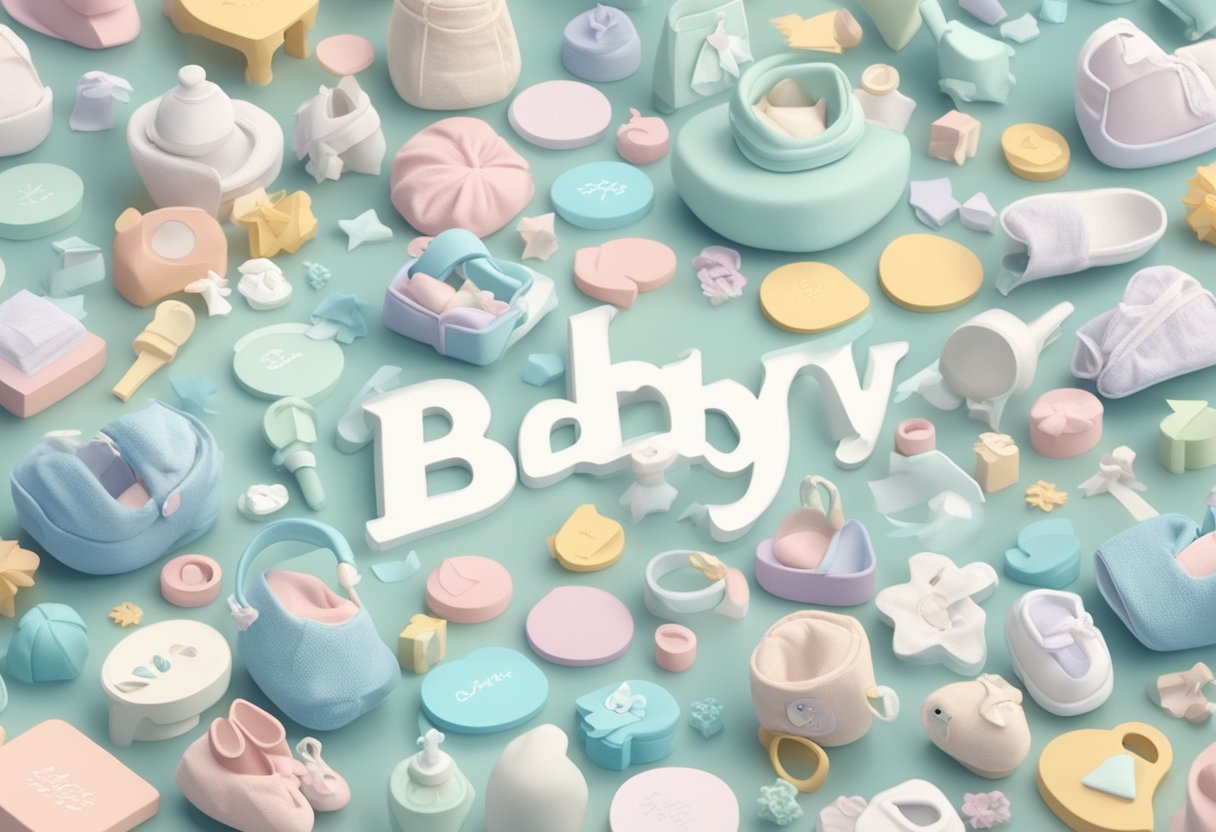A pile of baby names written in white against a soft pastel background, with delicate illustrations of baby items scattered around