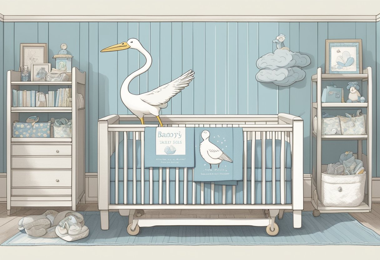 A baby's nursery with a shelf of baby name books, a soft blue blanket, and a framed print of a stork delivering a bundle