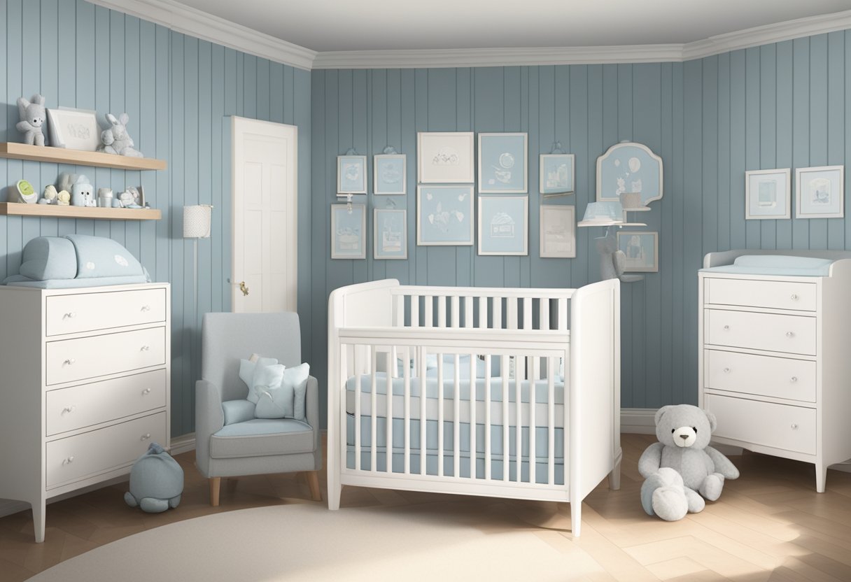 A white baby boy's nursery with a sign reading "Good Names" in bold letters above a row of name options on the wall