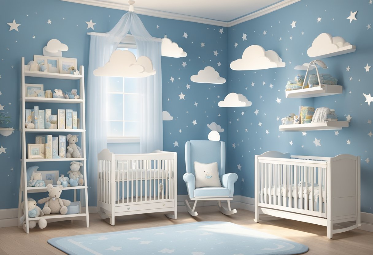 A nursery with soft blue and white decor, featuring a shelf of baby books, a rocking chair, and a mobile of fluffy clouds and stars