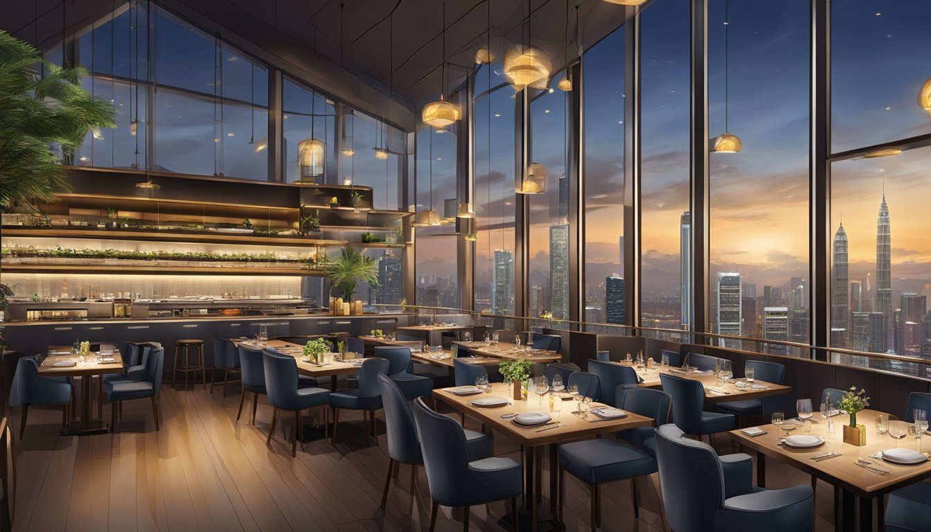 The bustling KLCC restaurant features modern decor, dim lighting, and a panoramic view of the city skyline