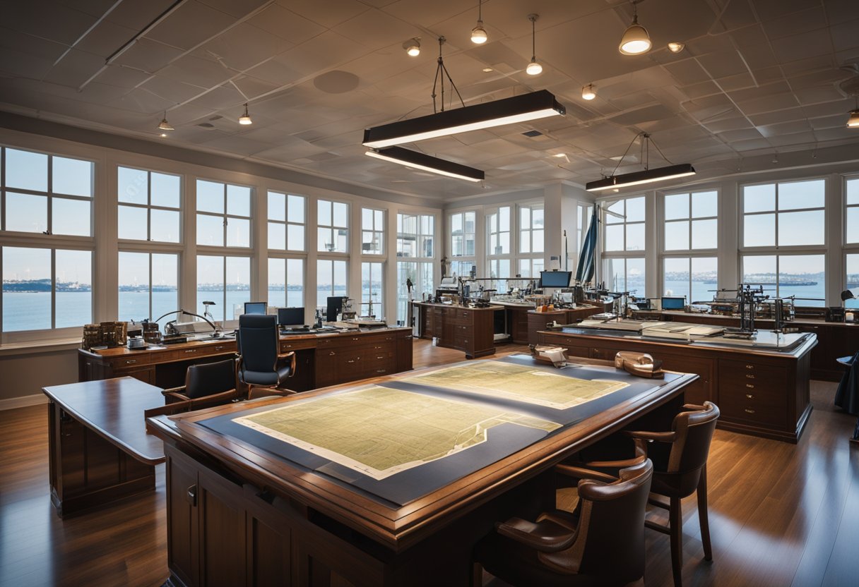 A maritime design office with drafting tables, nautical charts, and model ships on display. Blueprints cover the walls, and large windows offer a view of the harbor