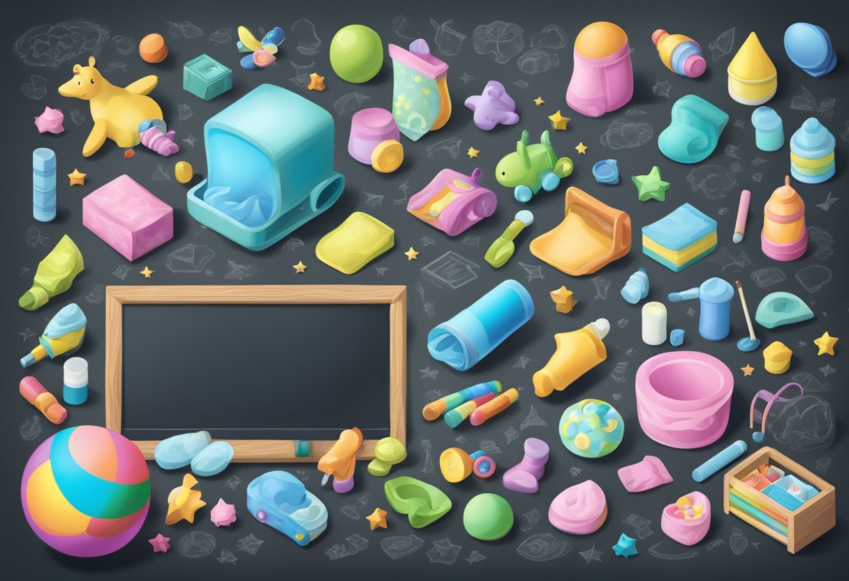 A blank chalkboard with colorful chalk, surrounded by baby-related items like toys, diapers, and baby clothes