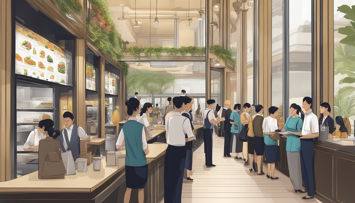 Customers line up at the entrance of the KLCC restaurant, looking at the menu board and chatting with the staff. Tables are neatly set with cutlery and menus, while waiters move around attending to diners
