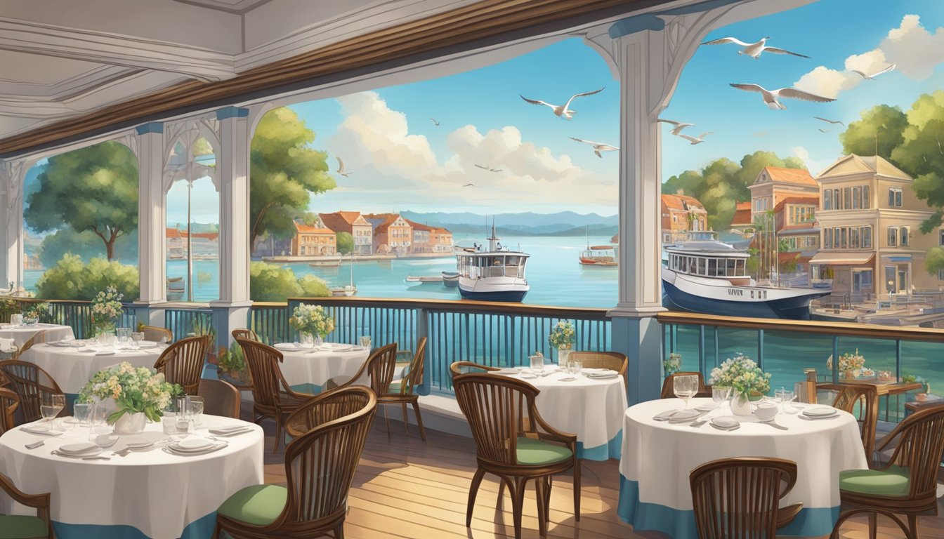 The elegant seafood restaurant overlooks a tranquil bay, with boats gently bobbing on the water and seagulls soaring in the sky